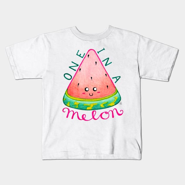 One in a Melon - Kawaii Happy Watermelon with Text Kids T-Shirt by Elinaana